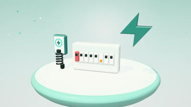 3D illustration of a consumer unit, a wall-mounted home charger and a lightning bolt on a floating island in daylight