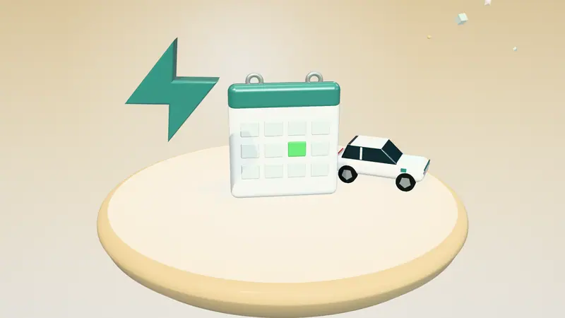 3D illustration of a calendar, a white electric car and a lightning bolt on a floating island in daylight