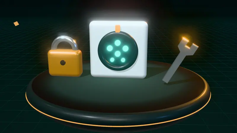 3D illustration of a Type 2 charging socket, a padlock and a spanner on a floating island at night