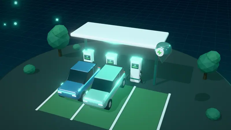 3D illustration of a public charging hub with rapid chargers under a canopy and electric cars in green bays at night, with a map pin