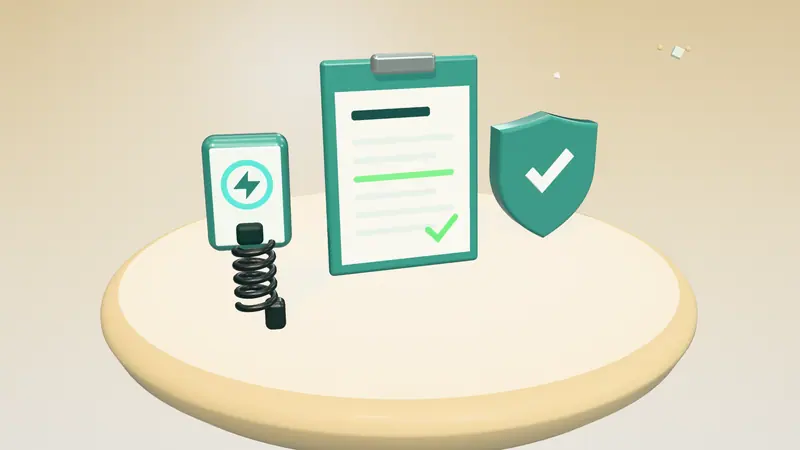 3D illustration of a clipboard with a form, a shield with a tick and a wall-mounted home charger on a floating island in daylight