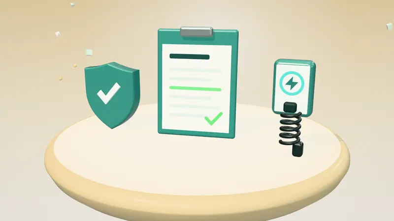3D illustration of a clipboard with a form, a shield with a tick and a wall-mounted home charger on a floating island in daylight