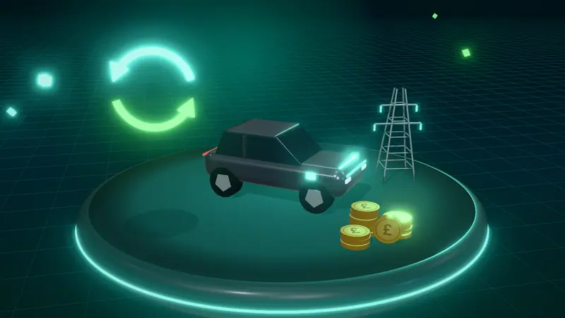 3D illustration of a dark grey electric car, an electricity pylon, two-way energy arrows and stacks of pound coins on a floating island at night