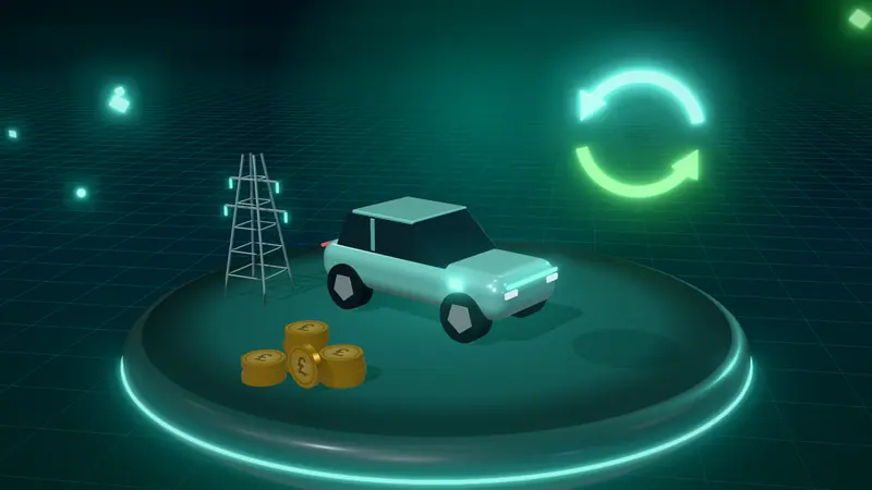 3D illustration of a mint green electric car, an electricity pylon, two-way energy arrows and stacks of pound coins on a floating island at night