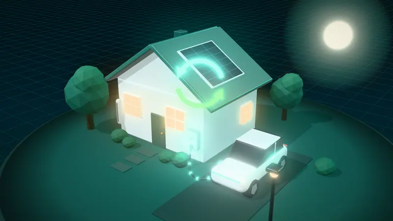 3D illustration of a white electric car charging from a wall charger on the drive of a house at night, with two-way energy arrows between the car and the house and a home battery by the wall