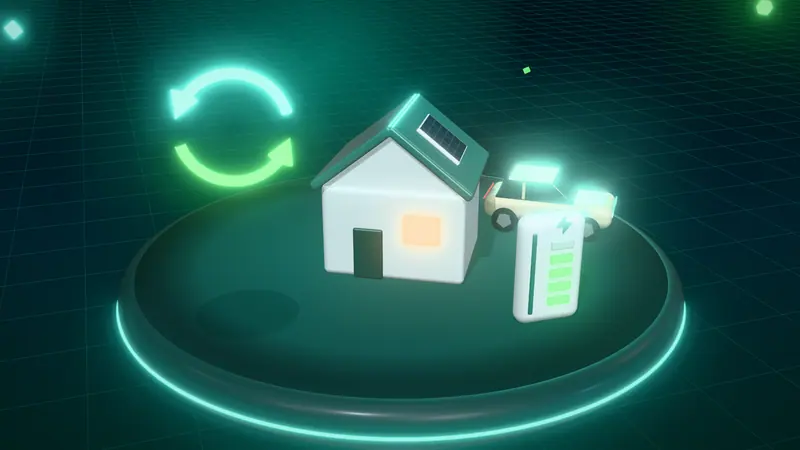 3D illustration of a house with solar panels, a sand electric car, two-way energy arrows and a home battery on a floating island at night