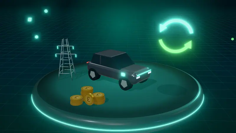 3D illustration of a dark grey electric car, an electricity pylon, two-way energy arrows and stacks of pound coins on a floating island at night