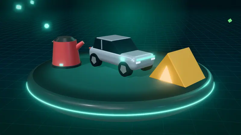 3D illustration of a silver electric car, a kettle and a tent on a floating island at night