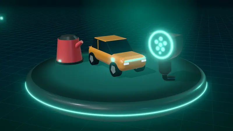 3D illustration of a orange electric car, a kettle and a Type 2 charging plug on a floating island at night