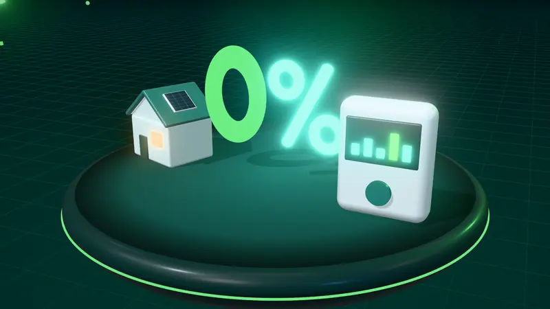 3D illustration of a large 0% sign, a house with solar panels and a smart meter on a floating island at night