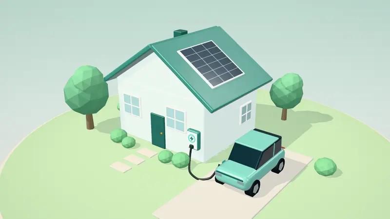 3D illustration of a mint green electric hatchback charging from a wall charger on the drive of a house in daylight