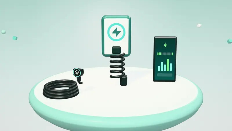 3D illustration of a wall-mounted home charger, a smartphone app and a coiled charging cable with a plug on a floating island in daylight