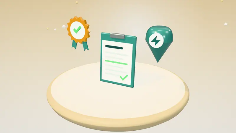 3D illustration of a clipboard with a form, an approval seal and a map pin on a floating island in daylight
