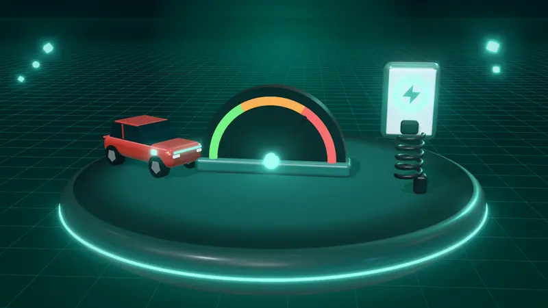 3D illustration of a speed dial, a red electric car and a wall-mounted home charger on a floating island at night