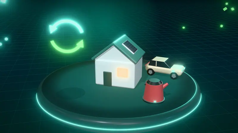 3D illustration of a house with solar panels, a sand electric car, two-way energy arrows and a kettle on a floating island at night