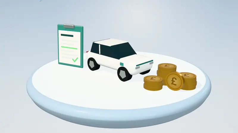 3D illustration of a white electric car, a clipboard with a form and stacks of pound coins on a floating island in daylight