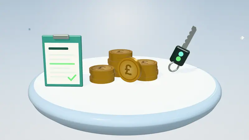 3D illustration of stacks of pound coins, a car key and a clipboard with a form on a floating island in daylight