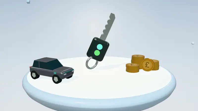 3D illustration of a car key, stacks of pound coins and a dark grey electric car on a floating island in daylight