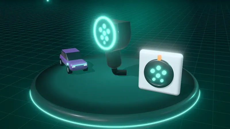3D illustration of a Type 2 charging plug, a purple electric car and a Type 2 charging socket on a floating island at night