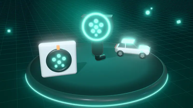 3D illustration of a Type 2 charging plug, a white electric car and a Type 2 charging socket on a floating island at night