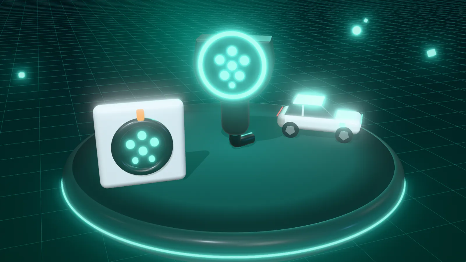 3D illustration of a Type 2 charging plug, a white electric car and a Type 2 charging socket on a floating island at night