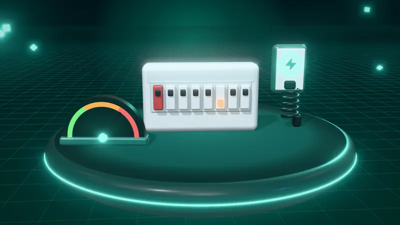 3D illustration of a consumer unit, a wall-mounted home charger and a speed dial on a floating island at night