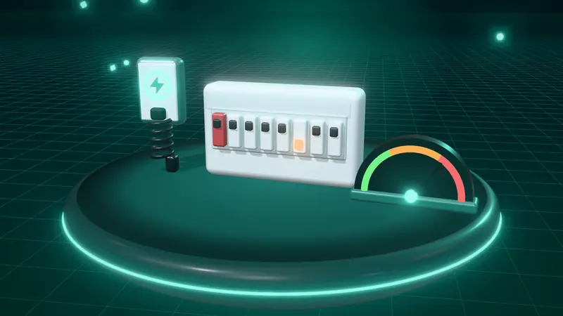 3D illustration of a consumer unit, a wall-mounted home charger and a speed dial on a floating island at night