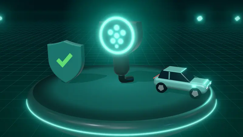 3D illustration of a Type 2 charging plug, a shield with a tick and a mint green electric car on a floating island at night