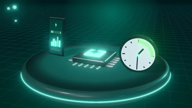 3D illustration of a microchip, a smartphone app and a clock with the overnight window lit on a floating island at night