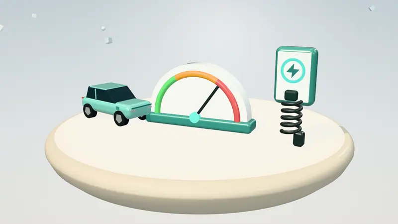 3D illustration of a speed dial, a mint green electric car and a wall-mounted home charger on a floating island in daylight