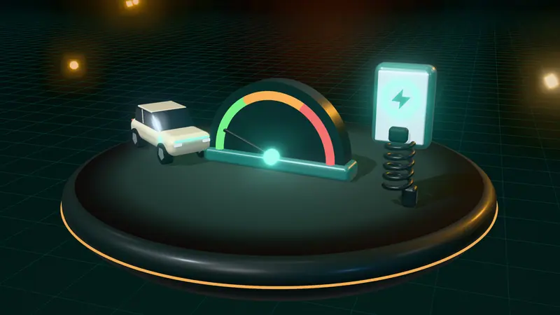 3D illustration of a speed dial, a sand electric car and a wall-mounted home charger on a floating island at night
