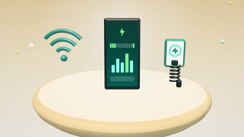 3D illustration of a smartphone app, a wall-mounted home charger and a wireless signal on a floating island in daylight