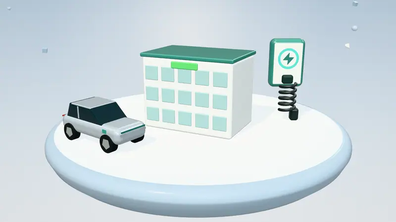 3D illustration of an office building, a wall-mounted home charger and a silver electric car on a floating island in daylight