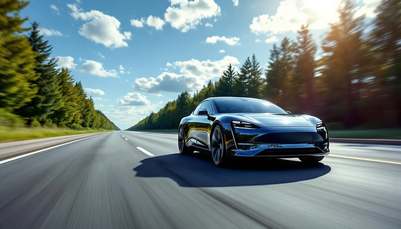 An electric car is driving on a smooth road, showcasing the future of transportation with zero emissions and advanced battery technology. The image highlights the potential of solid state batteries, which promise faster charging and higher energy density compared to conventional lithium ion batteries.