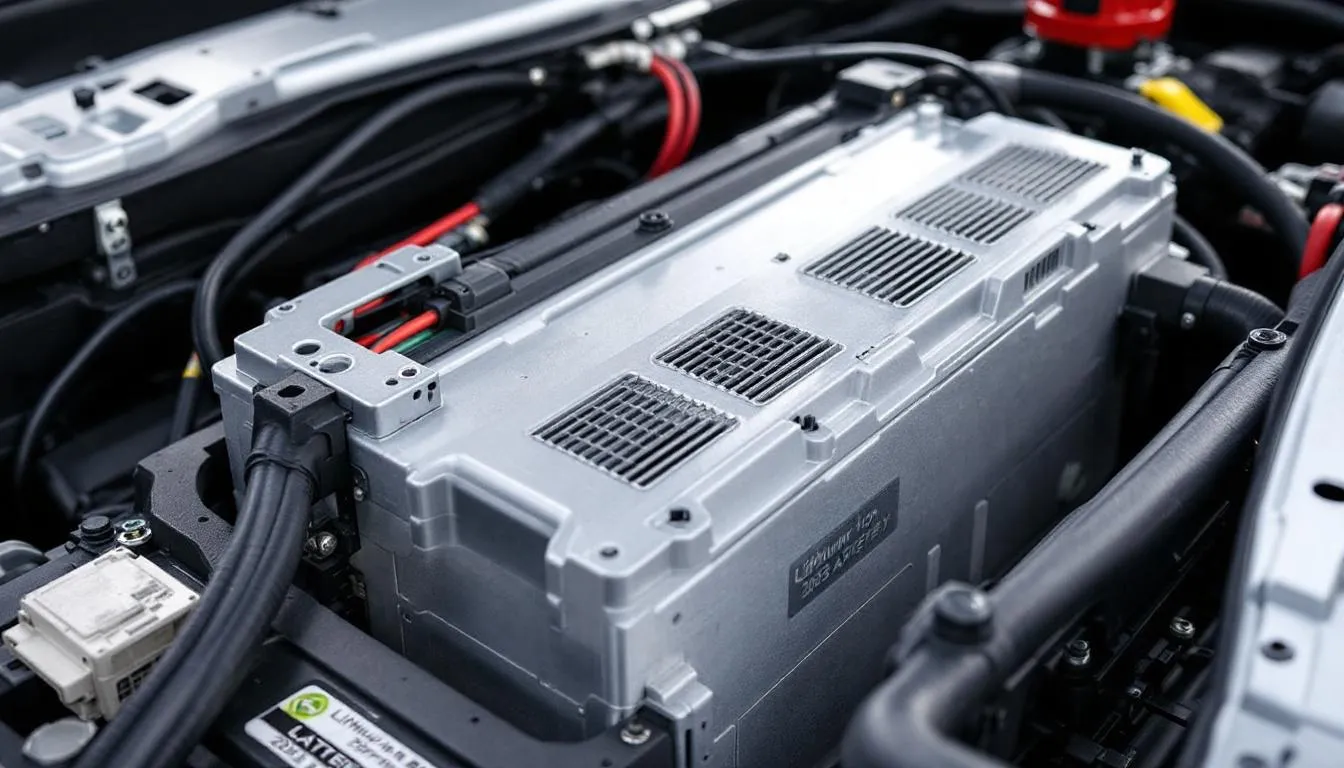 An electric car battery is depicted, showcasing the advanced solid state battery technology that promises higher energy density and improved safety compared to conventional lithium ion batteries, potentially revolutionizing the charging infrastructure for electric vehicles. The image highlights the solid electrolyte structure that contributes to faster charging and longer lifespan, marking a significant leap in battery technology for zero emission vehicles.